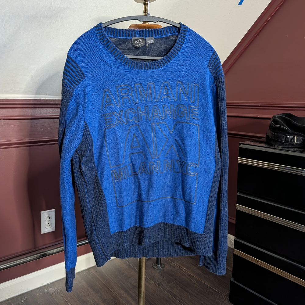 Armani Exchange Blue Knit Logo Cyberpunk Vibes Sweater Ribbed XL